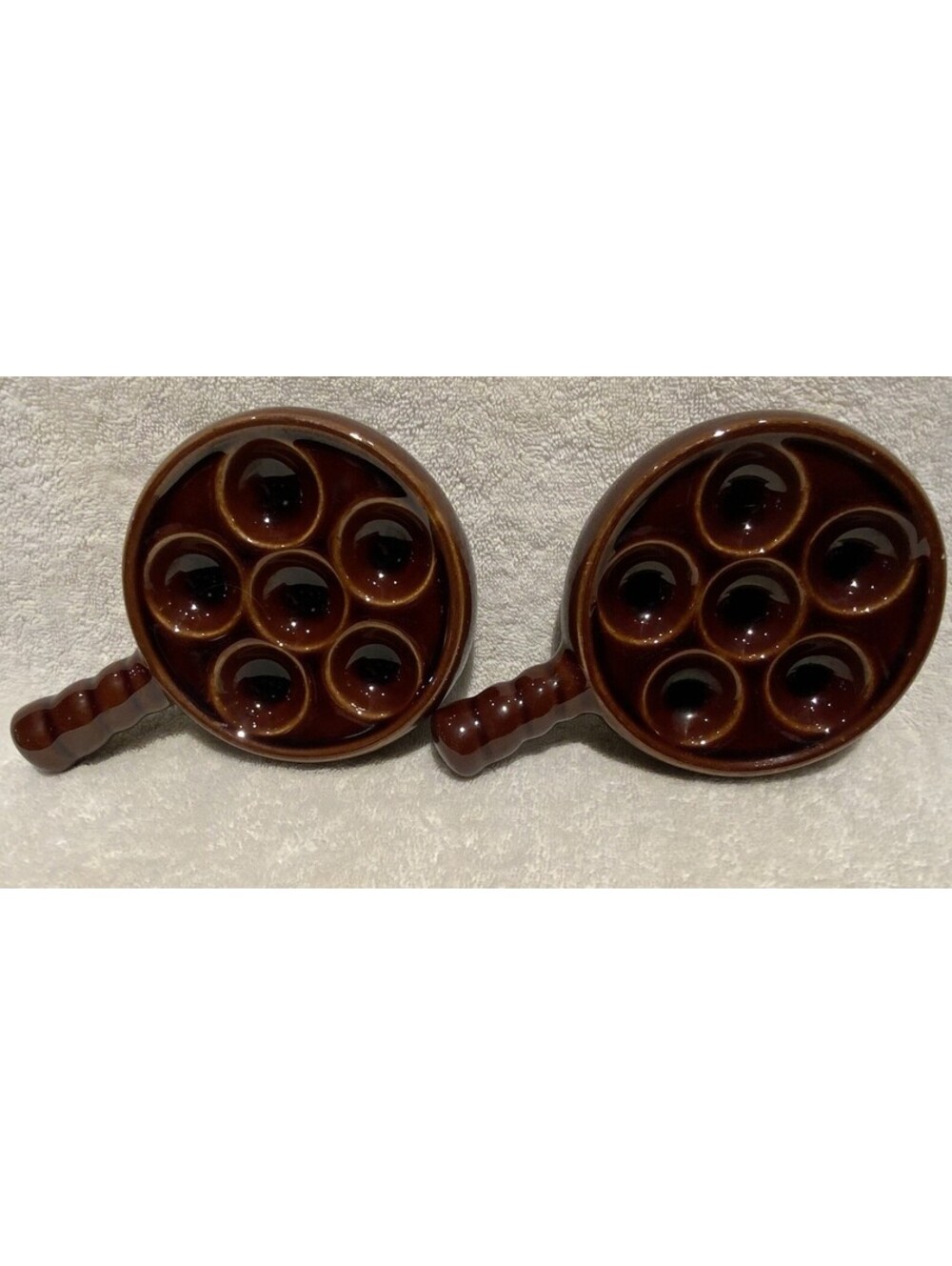 Ceramic Brown 6 Hole Escargot Baker/Server Dishes - Set of Two